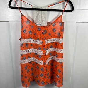 Cupids Diary Orange Floral Lace Trim Button Front Racerback Cami Tank Top Large